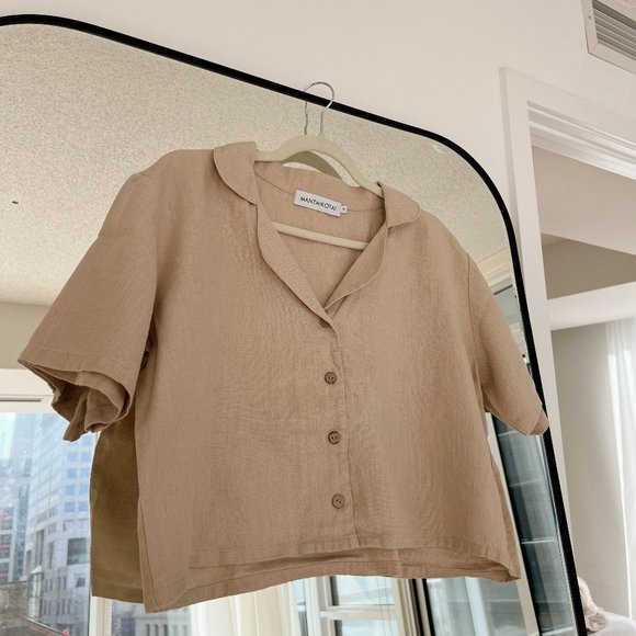 Camp Collar 100% Linen Shirt, Warm Beige - Picture 1 of 5